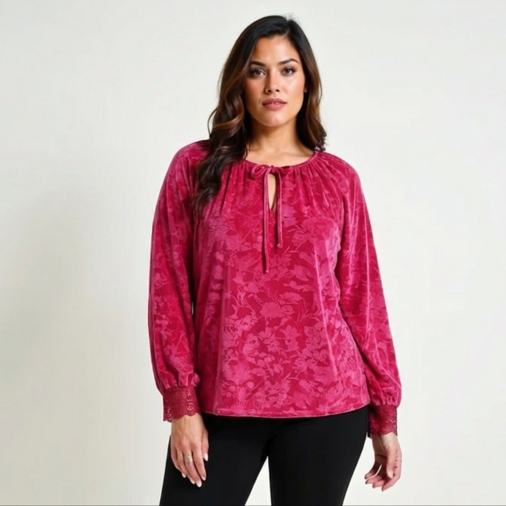 The Pioneer Women Velour Floral Blouse - Deep Pink Sz XL